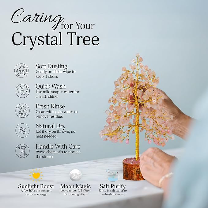 FASHIONZAADI Crystal Tree of Life with Rose Quartz - Pink Gemstone Bonsai for Positive Vibes - Feng Shui Money Tree for Meditation, Healing & Home Decoration