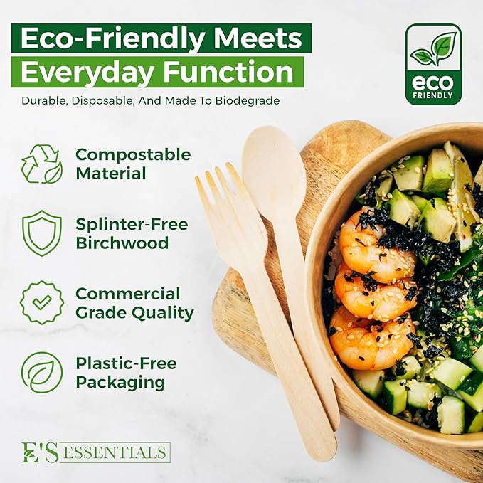 700-Piece Wooden Cutlery Set – [300 Forks, 200 Spoons, 200 Knives] – Bulk Disposable Utensils | Compostable Birchwood | Eco-Friendly, Biodegradable & Durable for Events & Everyday Use – E’s Essentials