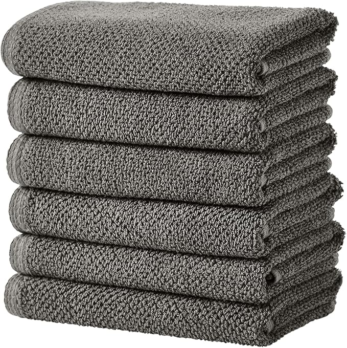 Great Bay Home Grey Hand Towel Set – 100% Cotton 6-Pack 26"x16", Absorbent & Quick-Drying, Soft & Durable
