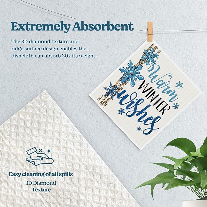 Christmas Swedish Dishcloths for Kitchen, Winter Xmas Snowflake Blue Kitchen Dish Towels for Washing Dishes, 4 Pack Reusable Paper Towels, Sponge Cloths for Home Party Housewarming Cleaning