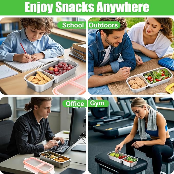 Palksky 2Pack Stainless Steel Snack Containers with Lids, 2/Tow/Double Compartment Reusable Snackle Box Container, Metal Food Storage Containers for School, Home, Travel