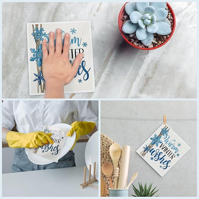 Christmas Swedish Dishcloths for Kitchen, Winter Xmas Snowflake Blue Kitchen Dish Towels for Washing Dishes, 4 Pack Reusable Paper Towels, Sponge Cloths for Home Party Housewarming Cleaning
