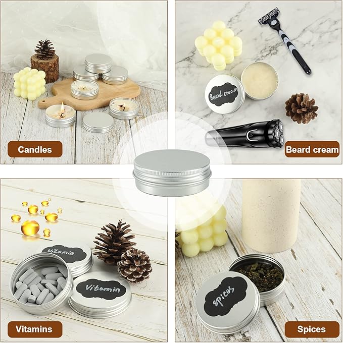 96 Pack Round Cans with Screw Lid 2 Oz Aluminum Metal Tins DIY Food Candle Containers for Lotion Bars, Balms, Salve, Spices, Beard Balm, Crafts with 4 Markers 3 Sheets Label Stickers (Silver)