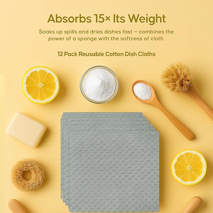 Organic Origin Swedish Dishcloths 12 Pack - Reusable Paper Towel Replacement Kitchen Towels - Machine Washable Cellulose Sponge Cloths - Biodegradable Dish Rags Ultra Absorbent Natural