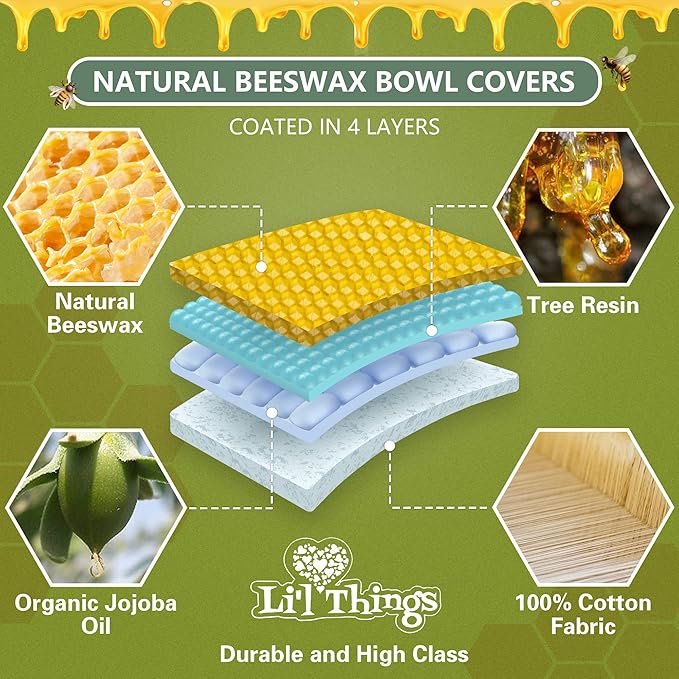 Li’l Things Beeswax Bowl Covers – Reusable Wraps Set of 5 | Organic Cotton, Beeswax & Jojoba | Eco-Friendly, Washable Lids for Bread Proofing, Jars, Pet Food (XS–XL)- Checkered Plaid