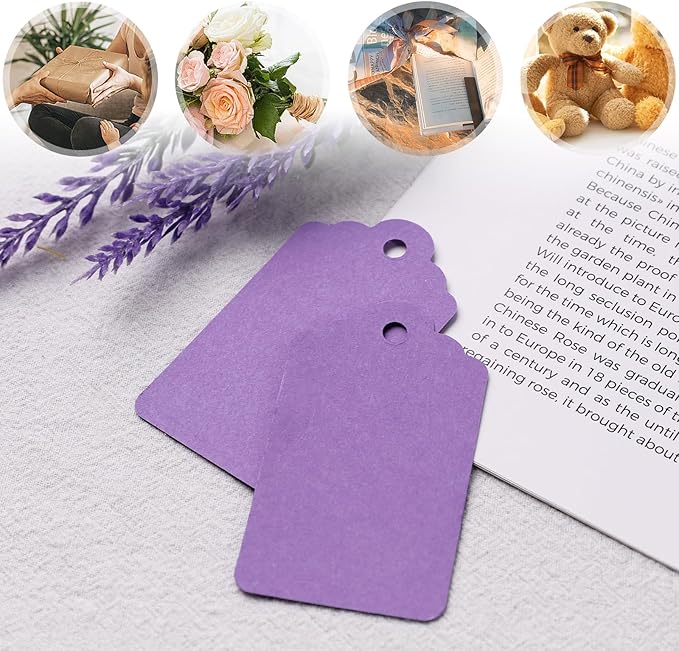 SallyFashion 120PCS Gift Tags with String Attached, 1.6 x 2.8 inch Purple Paper Tags for Wedding Birthday Gifts DIY