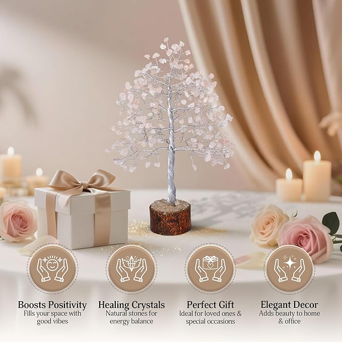 FASHIONZAADI Rose Quartz Crystal Tree, Silver Wire Feng Shui Gemstone Decor, Chakra Healing Stones Crystal Decor, Artificial Bonsai Money Tree, Good Luck Spiritual Gifts for Women & Men