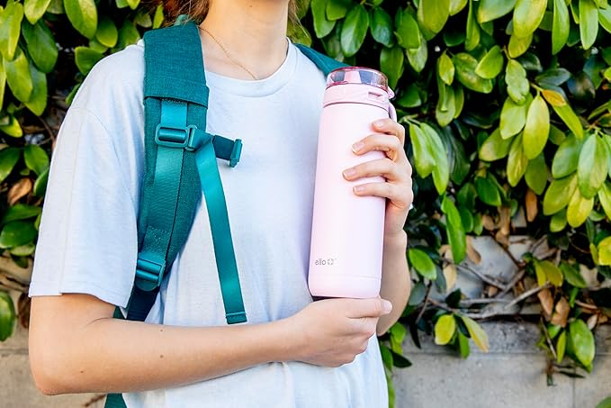 Ello Cooper 18oz Stainless Steel Water Bottle with Straw and Carry Handle, Double Walled and Vacuum Insulated Metal, Leak Proof Locking Lid with Soft Silicone Spout, Reusable, BPA Free, Cashmere Pink