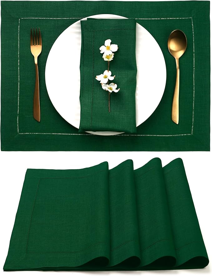 D'Moksha Homes Linen Placemats Set of 4 - Classic Hemstitch Forest Green Placemats 14 x 19 Inch - 100% Pure Linen Table Mats for Christmas, Holiday - Handcrafted and Machine Washable