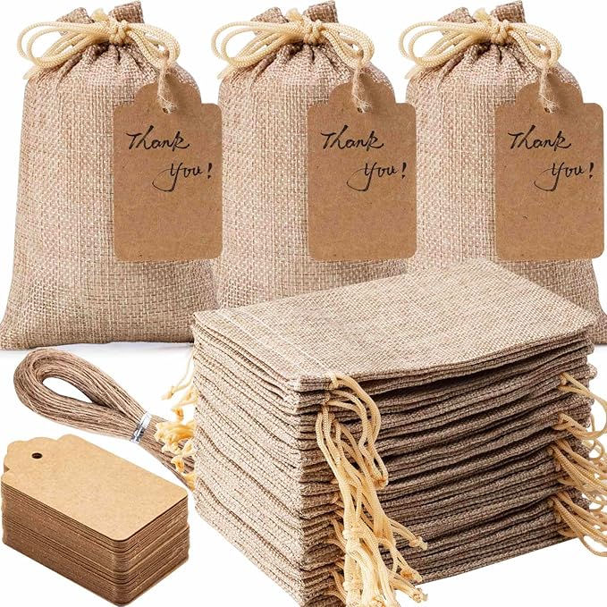 Homum Premium Burlap Gift Bags - 50 Pcs with Drawstring, Gift Tags & String, Reusable 3x4 Inch Burlap Bags for Christmas, DIY Craft