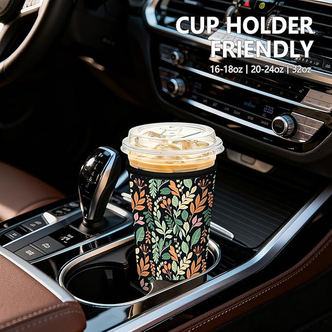 Iced Coffee Sleeve, Reusable Insulated Neoprene Cup Sleeve for Cold & Hot Drinks Beverages, Cup Holder for 32oz Coffee Cups, Colorful Leaves
