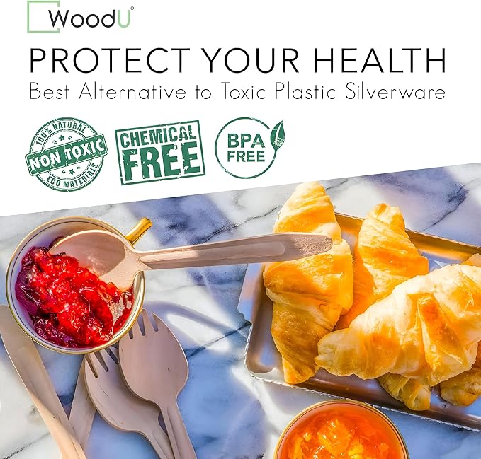 Disposable Wooden Spork by WoodU | 100% All-Natural, Eco-Friendly, Biodegradable, and compostable Spork - Pack of 100-6.5" spork wood cutlery