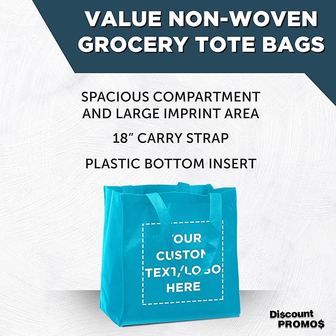 DISCOUNT PROMOS Custom Reusable Cloth Grocery Shopping Tote Bags Set of 10/50/100, Personalized Bulk Pack - Foldable, Washable, Shopper Bag - Sky Blue
