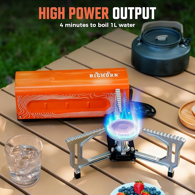 BIG HORN OUTDOORS Butane Camping Stove, Portable Folding Gas Burner with Carry Bag for Camping, Emergency Use and Outdoor Cooking, Orange