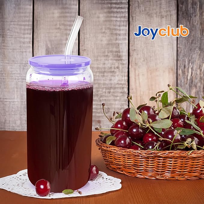 Joyclub 4 Pack Acrylic Lids for 16 oz Glass Cups with Bamboo Lids and Straws Reusable Iced Coffee Cup Beer Can Drinking Glasses for Smoothie Whiskey Boba Soda Tea Gift (Purple)
