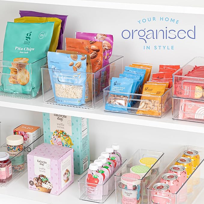 primebox Plastic Food Storage 4 Pack Clear Container Bin with Handles for Organizing Kitchen, Pantry, Fridge, Freezer, Pantry,Bathroom. Stackable. 10"x4"3"