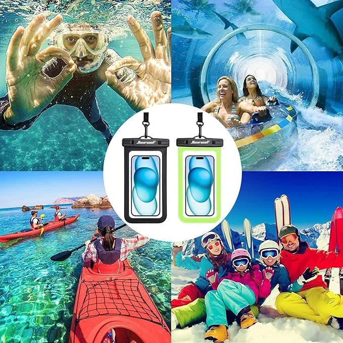 Hiearcool Waterproof Phone Pouch,Waterproof Phone Case for iPhone 17 16 15 14 13 Pro Max Plus up to 8.3",IPX8 Cellphone Dry Bag for Beach Cruise Travel Black&Olive Green-2Pack