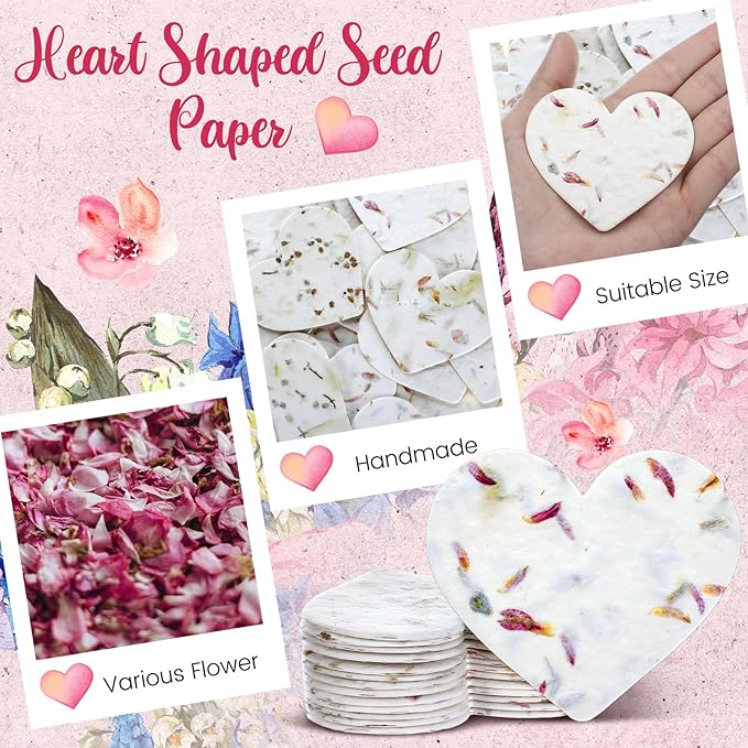 100 Pcs Handmade Seed Paper Plantable Wildflower Seed Paper Recycled Flower Petals Tags Wedding Favors for Guests Craft Gifts Cards for Envelope Birthday Party, 5 Styles (Heart/Butterfly)