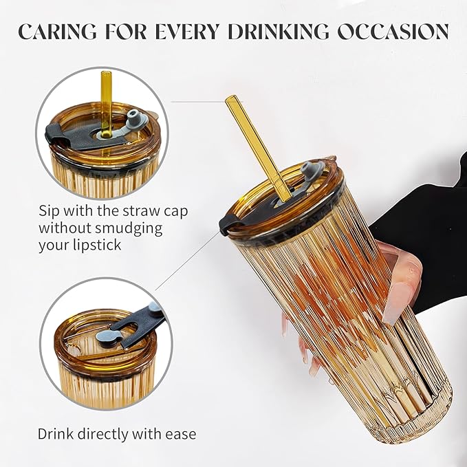 Puraville 18oz Glass Cup with Lid and Straw, Vintage Ribbed Striped Thickened Glassware for Whiskey Cocktail Beer, Mason Jar Drinking Glasses Tumbler Iced Coffee Cup, Amber