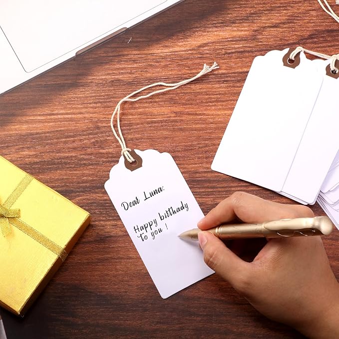 Outus 60 Pcs 4 3/4-in x 2 3/8-in Blank Large Paper Gift Tags with String and Reinforced Eyelet Wire Writable Price Tags Shipping Labels Inventory Labels(White)
