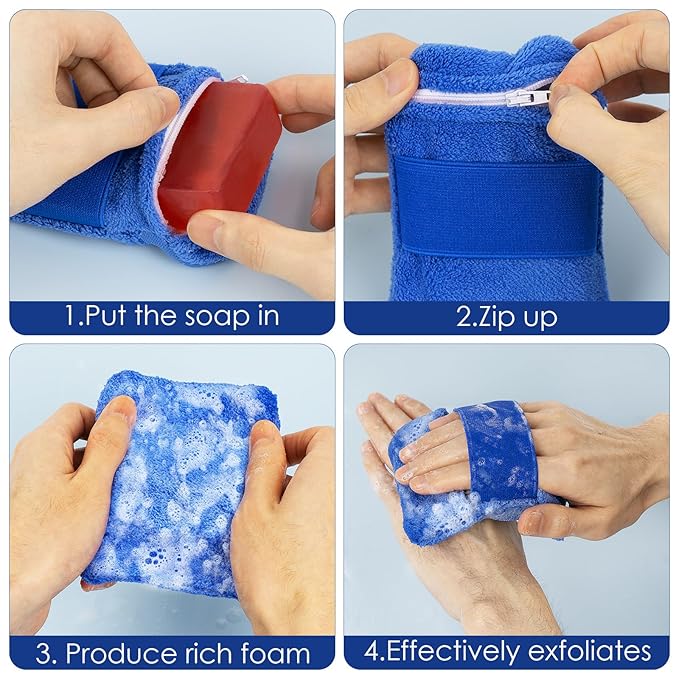 4 PCS Cotton Soap Bag, Foaming and Drying The Soap, Shower Bar Soap Pouch Scrubber for Men and Women (Blue & Grey)