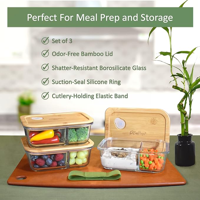 Glass Meal Prep Containers with Bamboo Lids, 2 Compartment Glass Bento Box Container Set (3 Pack) | 100% Plastic Free, Eco-Friendly, Lunch Containers with Lids Made of Bamboo - Set of 3