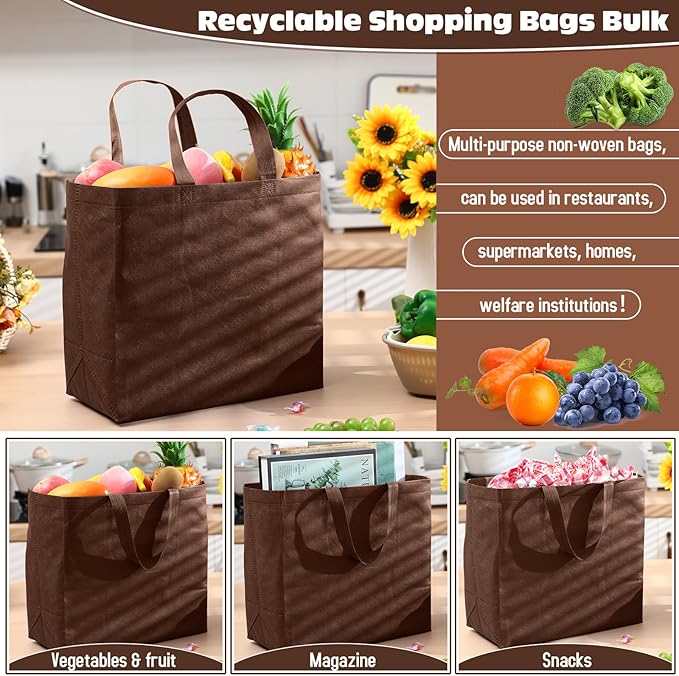 Windyun Reusable Grocery Bags Large Non Woven Shopping Bags with Handles Foldable Portable Tote Bulk, 12.6 x 11.8 x 6.3 Inch