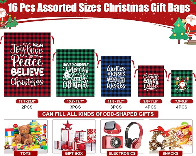 16 PCS Christmas Drawstring Gift Bags with Tags, Buffalo Plaid Large Xmas Gift Bags Assorted Sizes Bulk, Cotton Fabric Holiday Gift Bag Jumbo Medium Small Xmas Wrapping Bag for Presents Party Favors