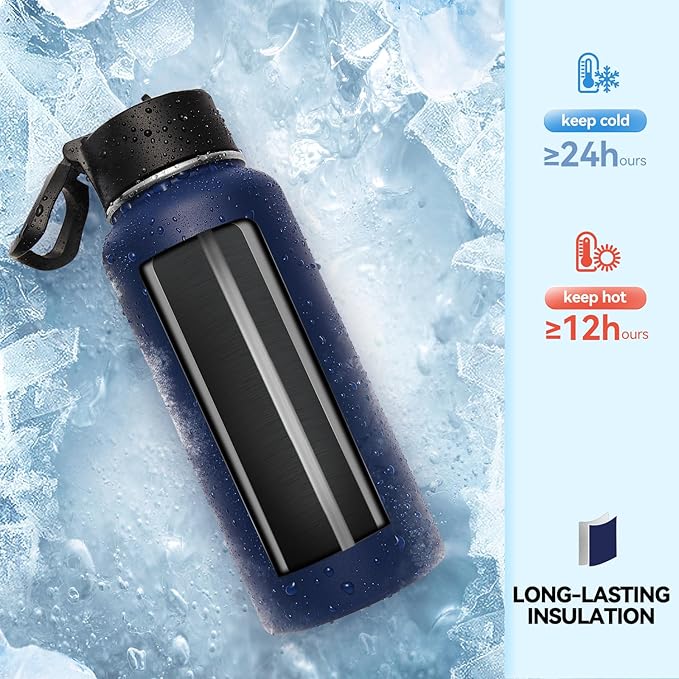 Neihepal 32 oz Insulated Water Bottles Bulk with 2 Lids (Straw & Spout Lid), Stainless Steel Double Wall Water Bottle, Keeps Cold 24H & Hot 12H (Navy,8 Pack)