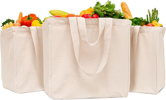 Reusable Canvas Grocery Shopping Bags - 3 Pack, Extra Large Cloth Grocery Bags with Handles and Real Pockets - Heavy Duty, Washable and Foldable Shopping Bags with Short and Long Handles (3 Bags)