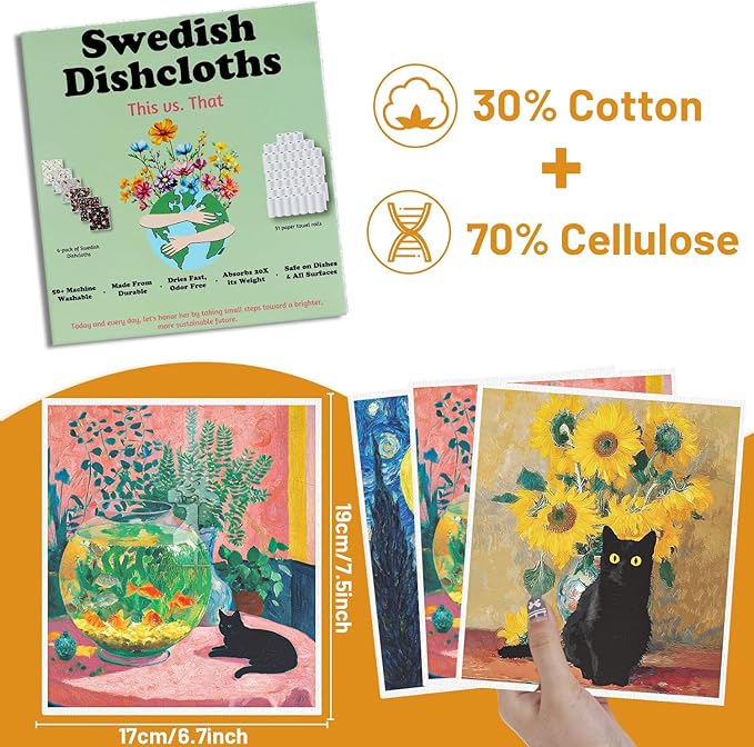 Oil Painting Swedish Dishcloths for Kitchen, 6 Pack Black Cat Wall Art Reusable Paper Towels Washable, Absorbent Dish Rags for Washing Dishes Housewarming Gifts
