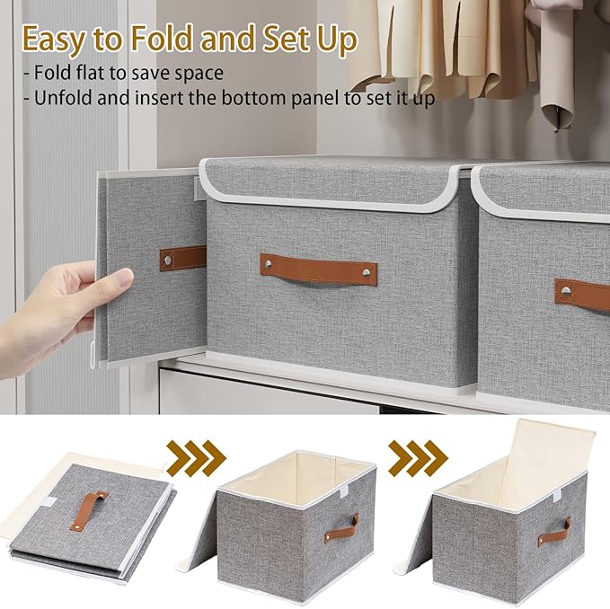 Yawinhe Collapsible Storage Bin, Cube Organizer Basket, Fabric Box with Lids, Washable and Leather Handle, for Home, Closet, Grey, 15.0''Lx9.8''Wx9.8''H, 3-Pack, USNK024GL-3