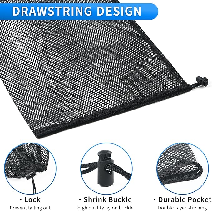10 Pcs Mesh Drawstring Bag 12" x 16" with Cord Lock Closure, Heavy Duty Nylon Durable Mesh Bag for Laundry Swimming Gym Travel Beach Toys Mushroom Foraging (Black)