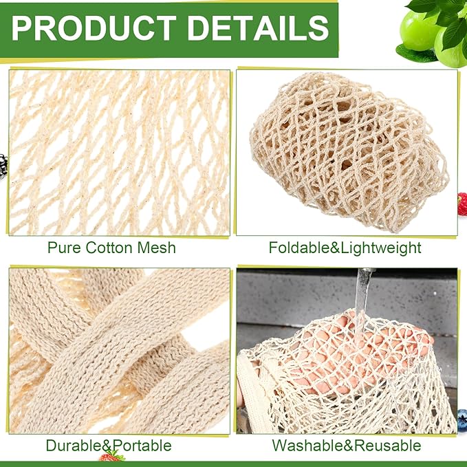 Paterr 4 Pack Cotton Mesh Produce Bags Bulk Reusable Market Bag Washable Net Grocery Purse String Shopping Tote Beach Organizer for Vegetable Fruit Picnic Food Storage (Short Handle,Beige)