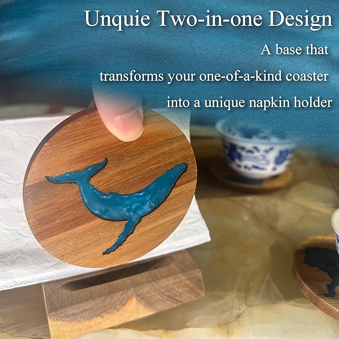 4Pcs Drink Coaster Set with Napkin Holder Conversion Base Acacia Wood with Unique Resin Animal Design for Kinds of Cups Tabletop Protection and Decor for Coffee Table Ideas for Gifts