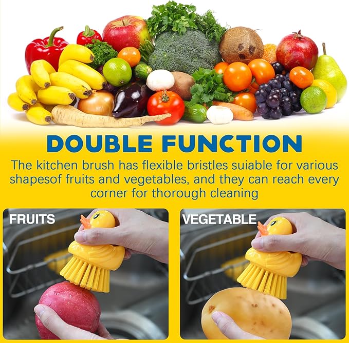 GTOTd Cute Ducky Washing Dish Brush（2 Pack） Ergonomic Palm Scrubber with Handle for Potato Vegetable Fruit Best Small Kitchen Gadgets Gifts Accessories Stuff Household Cleaning Dishwashing Supplies