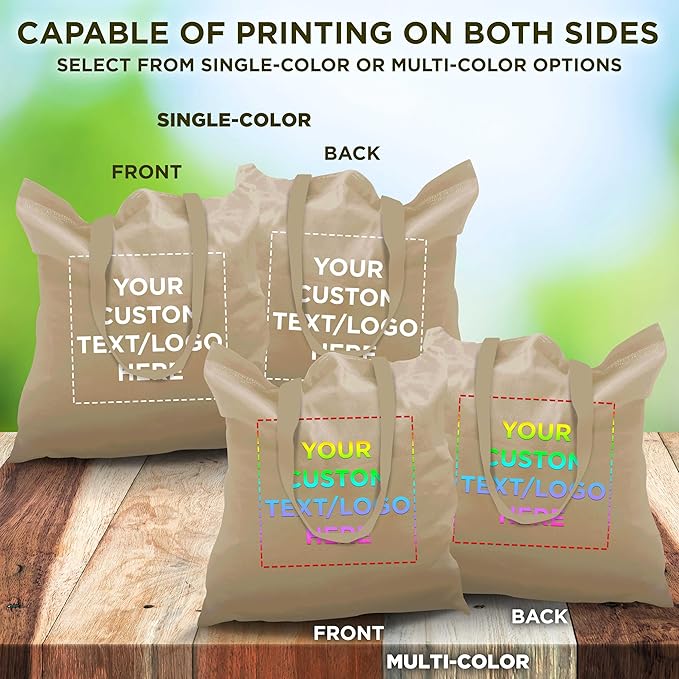 DISCOUNT PROMOS Custom Cotton Canvas Tote Bags Set of 10, Personalized Bulk Pack - Reusable, Great for Shopping, Grocery, Beach, Picnic, Wedding Favors - Natural