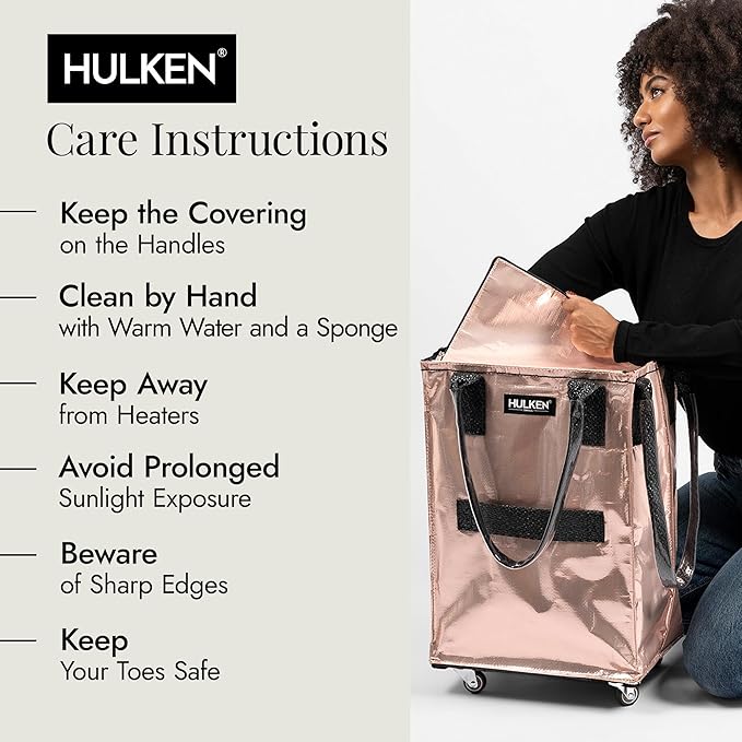 HULKEN (Small, Rose Gold) Reusable Grocery Bag On Wheels, Shopping Trolley, Rolling Tote, Zipper Closure, Lightweight, Carries Up to 66 lb, Folds Flat
