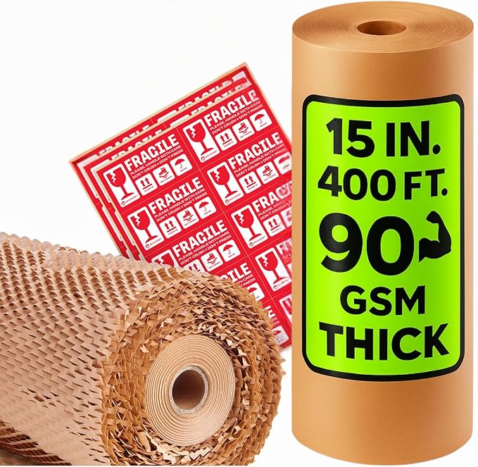 Honeycomb Packing Paper | Extra Thick 90 GSM Packing Wrap | Biodegradable Packing Materials: 15” x 400’ Moving Paper + 30 Fragile Stickers | Paper Bubble Wrap/Packing Bubbles Substitute