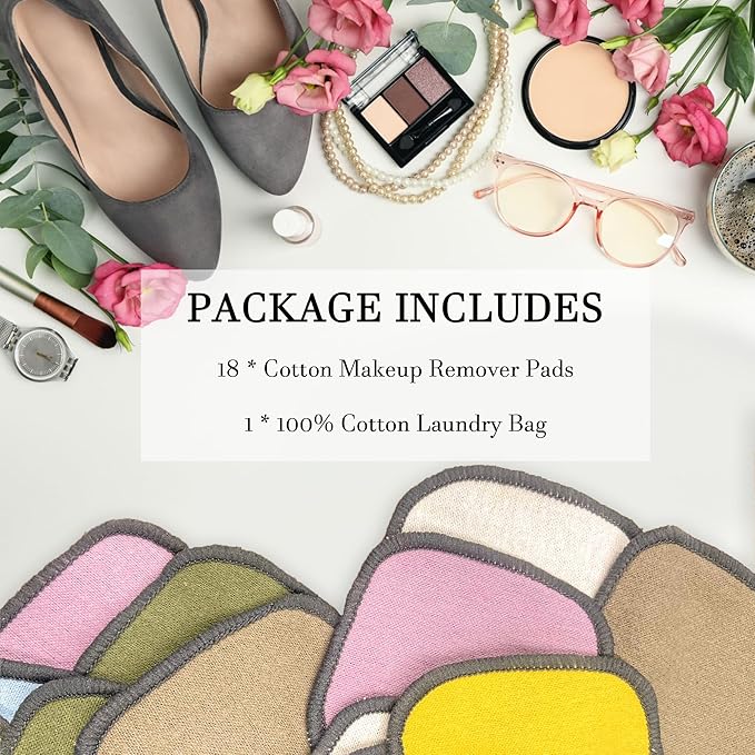 18 Pack Reusable Makeup Remover Pads - 6 Colors Washable Reusable Cotton Pads with Cotton Bag,Washable Cotton Rounds Double Sides Gentle for All Skin Types