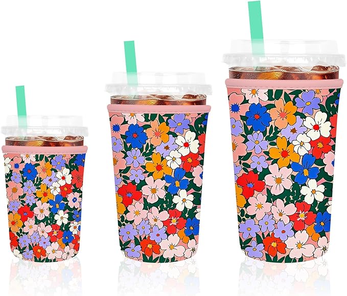 3 Pack Iced Coffee Sleeve, Reusable Insulated Neoprene Cup Sleeve for Cold & Hot Drinks Beverages, Cup Holder for 16-32oz Coffee Cups, Watercolor Flowers