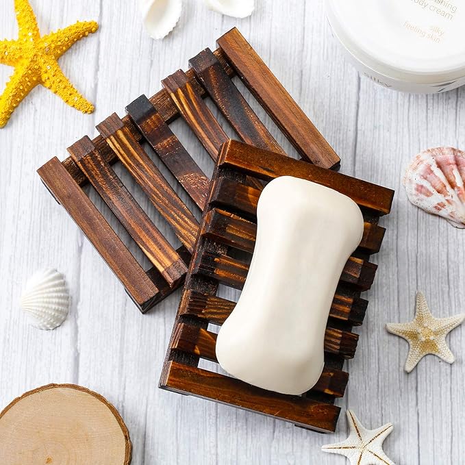 Honoson 5 Pieces Wooden Soap Dish Holder Tray Wood Bar Soap Holder Tray Self Draining Saver for Shower Bathroom Kitchen