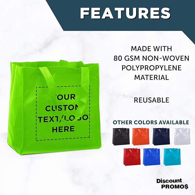 DISCOUNT PROMOS Custom Reusable Cloth Grocery Shopping Tote Bags Set of 10/50/100, Personalized Bulk Pack - Foldable, Washable, Shopper Bag - Lime Green