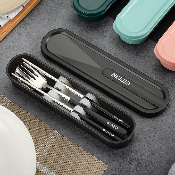 Travel cutlery set, 18/8 stainless steel cutlery, Reusable utensils set with case, Portable Silverware Lunch Box for Camping and Office (Black)