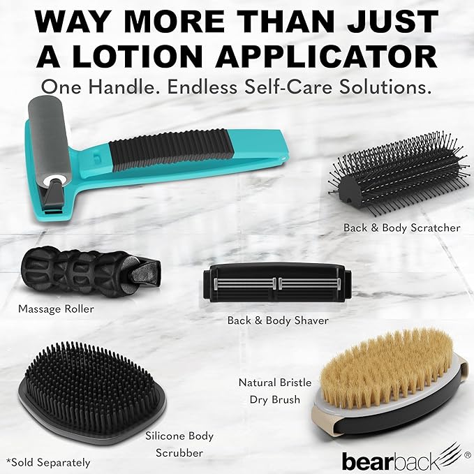 bearback Lotion Applicator for Back & Body – Long Reach Folding Handle with 2 Reusable Foam Rollers – Apply Lotion, Medication, Ointment, Sunscreen, Self Tanner – American Small Business (Teal)