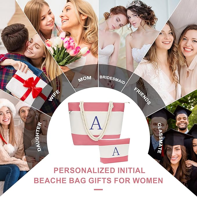 YOOLIFE Christmas Gifts for Women - Personalized Initial Canvas Beach Bags for Women Gifts for Mom Teacher Friend Birthday