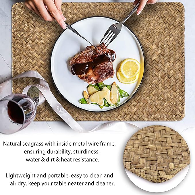 OwnMy Pack of 6 Natural Seagrass Placemats Woven Rattan Place Mat Rectangular Table Mats, 17" x 12" Sea Grass Meal Placemat Bamboo Place Mats for Dining Table Home Kitchen Picnic Table Decor (Coffee)