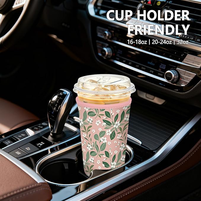 Iced Coffee Sleeve, Reusable Insulated Neoprene Cup Sleeve for Cold & Hot Drinks Beverages, Cup Holder for 32oz Coffee Cups, Pink Leaves