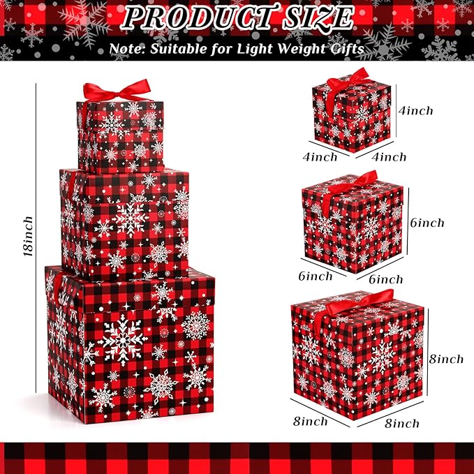 3 Pcs Christmas Nesting Gift Boxes Buffalo Plaid Xmas Stackable Boxes Black Red Decorative Xmas Nested Present Boxes with Lids and Ribbon for New Year Birthday Party Gift(Snowflake)