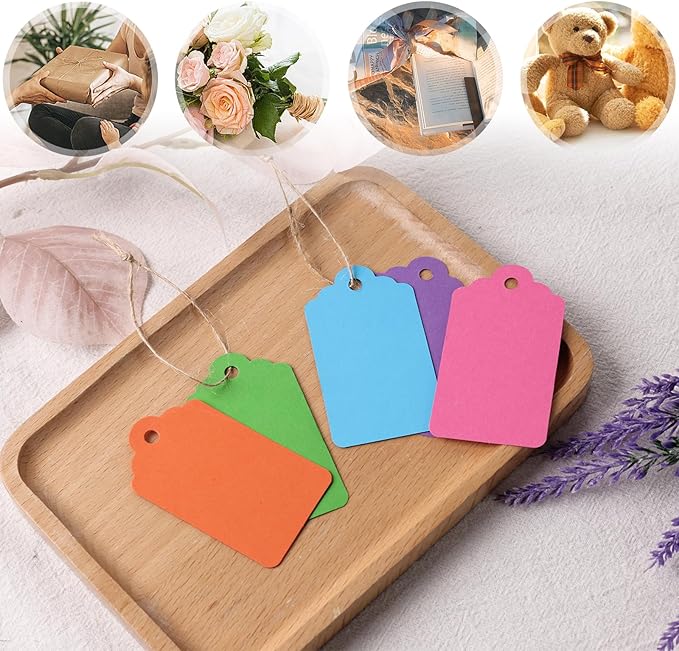 SallyFashion 120PCS Gift Tags with String Attached, 1.6 x 2.8 inch Colored Paper Hang Tags for Clothes DIY Crafts Wedding Holiday